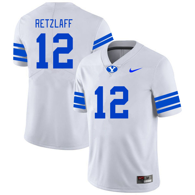 Men #12 Jake Retzlaff BYU Cougars College Football Jerseys Stitched-White
